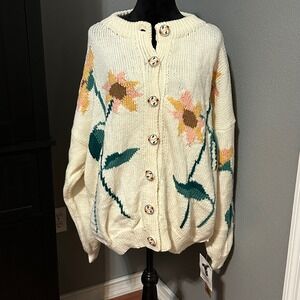 BONZO Wool Cardigan Sweater Hand Made New Zealand Sunflower Floral Button Front